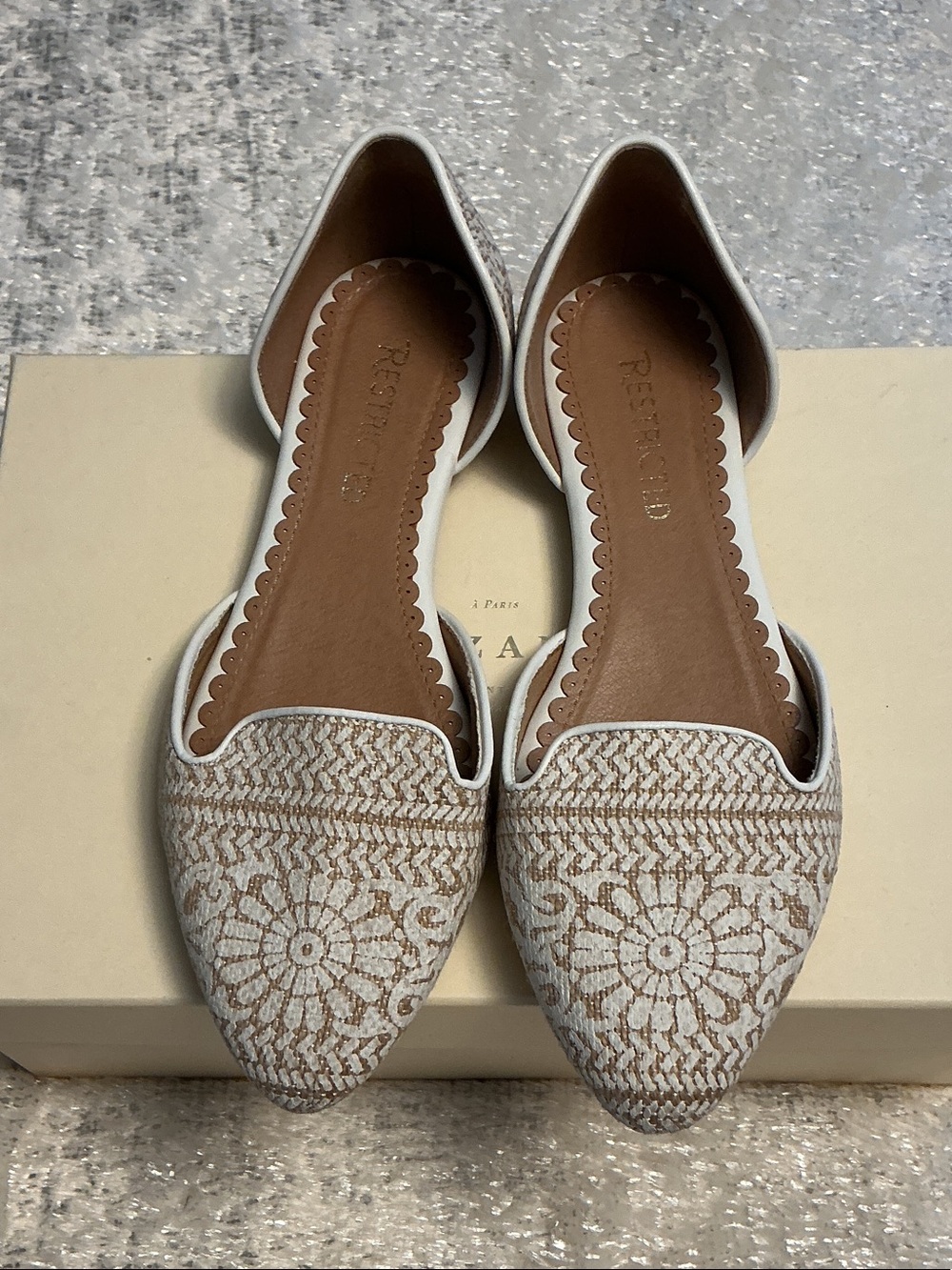 Restricted White and Tan Embroidered D'Orsay Flats